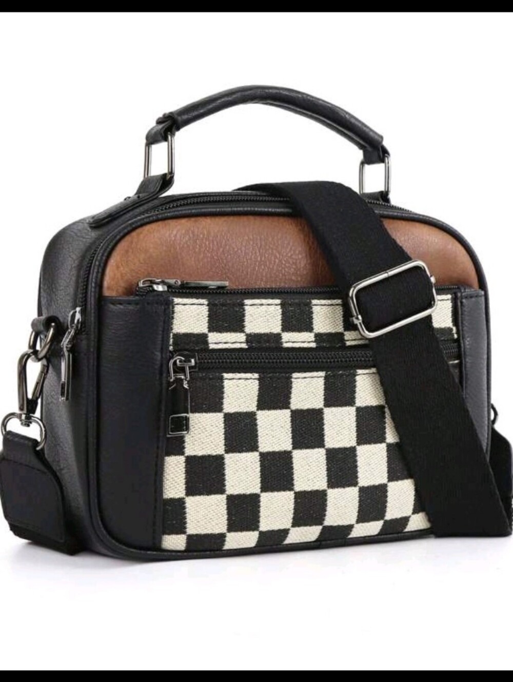 Black & Brown Check Canvas Crossbody Bag for Women